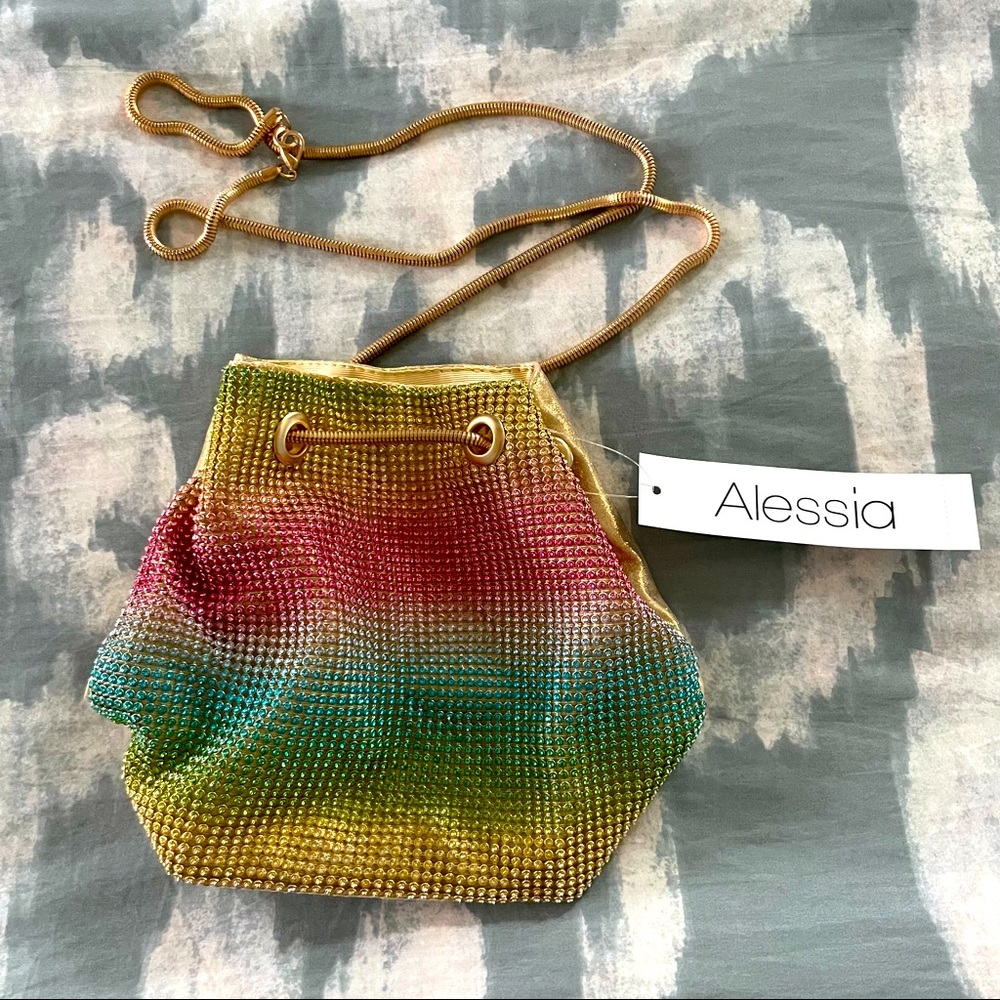 NWT ALESSIA rainbow rhinestone purse with gold strap